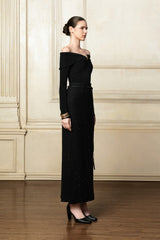 Off-Shoulder Knit Top with Long Sleeves and Folded Neckline in Viscose Blend