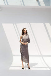 Asymmetric One-Shoulder Midi Dress in Smooth Silk with Draped Neck Scarf Detail