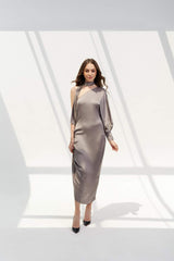 Asymmetric One-Shoulder Midi Dress in Smooth Silk with Draped Neck Scarf Detail