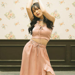 Silk Midi Skirt with Flowy Ruffle Hem and Elastic Waistband for Elegant Movement