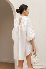 Button-Front Silk Dress with Ruffle Sleeves and Adjustable Back Tie Detail
