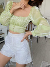 Sheer organza puff sleeve top with pearl button details and square neckline