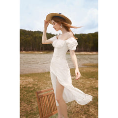 Organza midi dress with sweetheart bust, off-shoulder sleeves, and thigh-high front slit