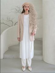 Linen Long-Sleeve Midi Dress with Round Neckline and Gathered Waist Detail