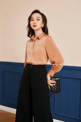 Relaxed Long-Sleeve Button-Up Silk Top with Subtle Sheen
