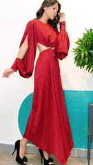Silk cutout evening gown with draped open sleeves and asymmetric hemline