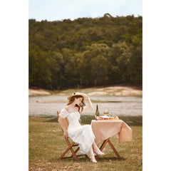 Organza midi dress with sweetheart bust, off-shoulder sleeves, and thigh-high front slit