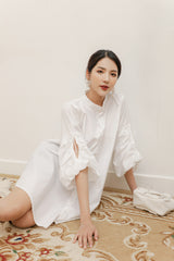 Button-Front Silk Dress with Ruffle Sleeves and Adjustable Back Tie Detail