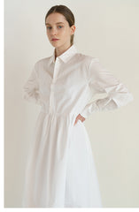 Crisp Button-Front Midi Poplin Dress with Gathered Waist
