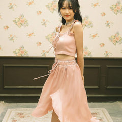 Silk Midi Skirt with Flowy Ruffle Hem and Elastic Waistband for Elegant Movement