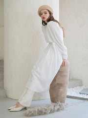 Linen Long-Sleeve Midi Dress with Round Neckline and Gathered Waist Detail