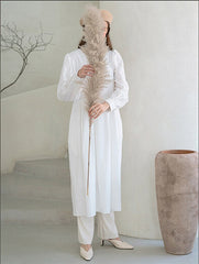 Linen Long-Sleeve Midi Dress with Round Neckline and Gathered Waist Detail