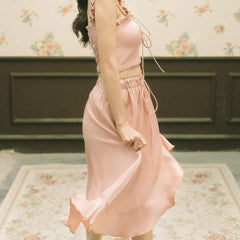 Silk Midi Skirt with Flowy Ruffle Hem and Elastic Waistband for Elegant Movement