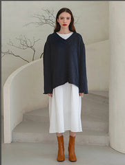 Linen Long-Sleeve Midi Dress with Round Neckline and Gathered Waist Detail