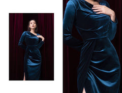 Velvet evening gown with draped neckline and thigh-high slit in long sleeve floor-length design