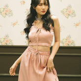 Ruffled Silk Top with Adjustable Tie Straps and Soft Shirring Detail