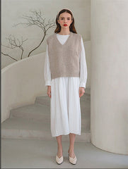 Linen Long-Sleeve Midi Dress with Round Neckline and Gathered Waist Detail