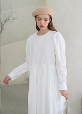 Linen Long-Sleeve Midi Dress with Round Neckline and Gathered Waist Detail
