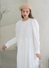 Linen Long-Sleeve Midi Dress with Round Neckline and Gathered Waist Detail