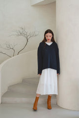 Linen Long-Sleeve Midi Dress with Round Neckline and Gathered Waist Detail