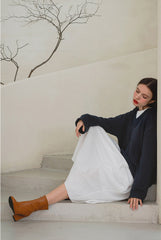 Linen Long-Sleeve Midi Dress with Round Neckline and Gathered Waist Detail