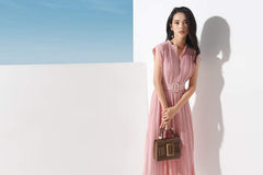Pleated midi dress in lightweight silk with wide waistband and cap sleeves