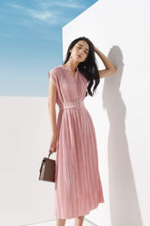 Pleated midi dress in lightweight silk with wide waistband and cap sleeves
