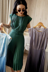 Pleated midi silk dress with belted waist and cap sleeves for elegant everyday styling