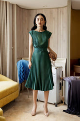 Pleated midi silk dress with belted waist and cap sleeves for elegant everyday styling
