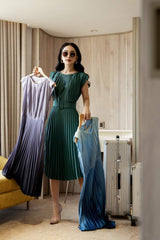 Pleated midi silk dress with belted waist and cap sleeves for elegant everyday styling