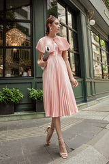 Sleeveless pleated midi silk dress with structured cape and cinched waist