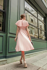 Sleeveless pleated midi silk dress with structured cape and cinched waist