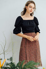 Square Neck Silk Blouse with Puff Sleeves and Fitted Bodice for Elegant Styling