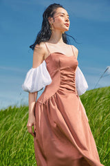 Silk corset midi dress with puff organza sleeves and structured bodice for feminine elegance