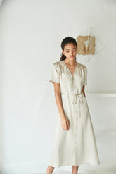 腰带系带前扣亚麻中长连衣裙