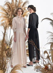 Long Sleeve Organza Dress with Flowing Skirt and Sheer Overlay – Elegant Evening Silhouette