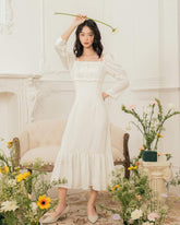 方形领口和荷叶边下摆的真丝欧根纱中长连衣裙,适合优雅场合