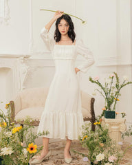 Silk Organza Midi Dress with Square Neckline and Ruffle Hem for Elegant Occasions