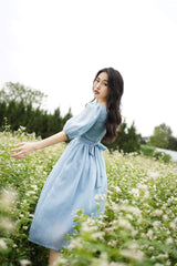 Puff Sleeve Midi Organza Dress with Fitted Bodice and Flowing A-Line Skirt