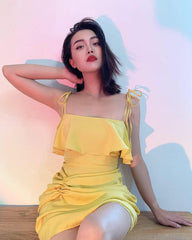 Silk Mini Dress with Ruffled Bodice and Adjustable Tie-Strap Shoulders