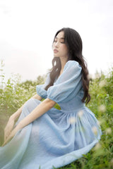 Puff Sleeve Midi Organza Dress with Fitted Bodice and Flowing A-Line Skirt