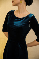Velvet midi dress with pearl-embellished shoulders and tailored silhouette for elegant occasions