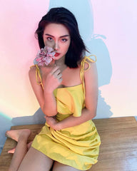 Silk Mini Dress with Ruffled Bodice and Adjustable Tie-Strap Shoulders