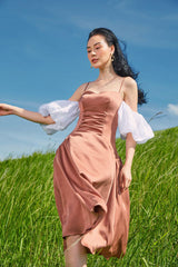 Silk corset midi dress with puff organza sleeves and structured bodice for feminine elegance