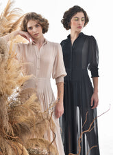 Long Sleeve Organza Dress with Flowing Skirt and Sheer Overlay – Elegant Evening Silhouette