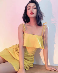 Silk Mini Dress with Ruffled Bodice and Adjustable Tie-Strap Shoulders