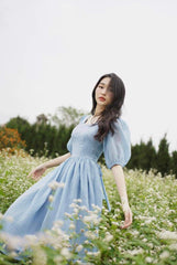 Puff Sleeve Midi Organza Dress with Fitted Bodice and Flowing A-Line Skirt