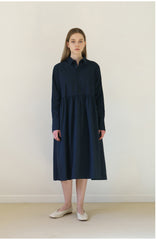 Tailored Collared Midi Linen Shirt Dress with Gathered Waist