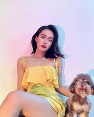 Silk Mini Dress with Ruffled Bodice and Adjustable Tie-Strap Shoulders