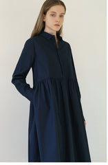 Tailored Collared Midi Linen Shirt Dress with Gathered Waist
